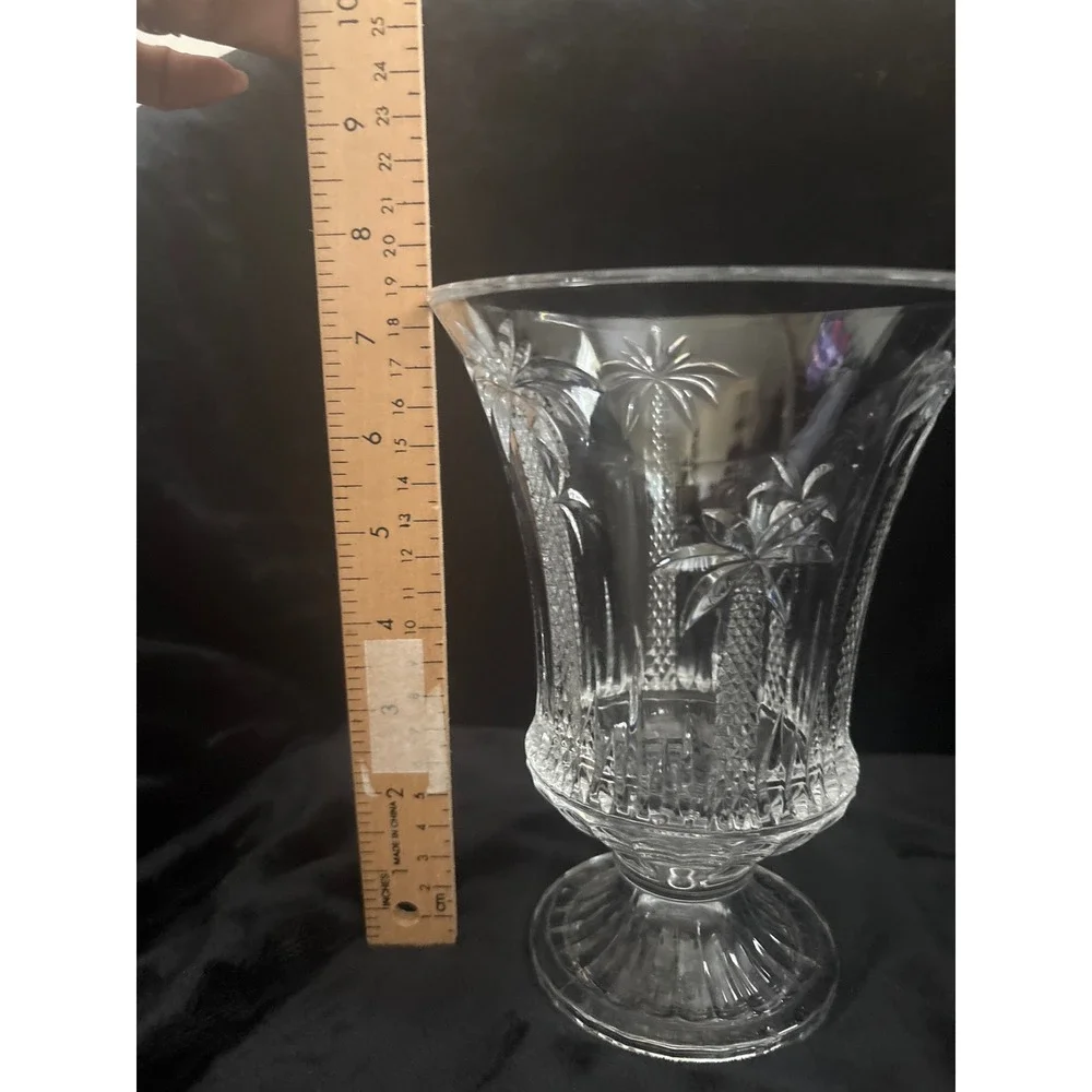 Crystal Palm Tree Vase Unisex 8in Clear Excellent Etched Coastal Hurricane‎